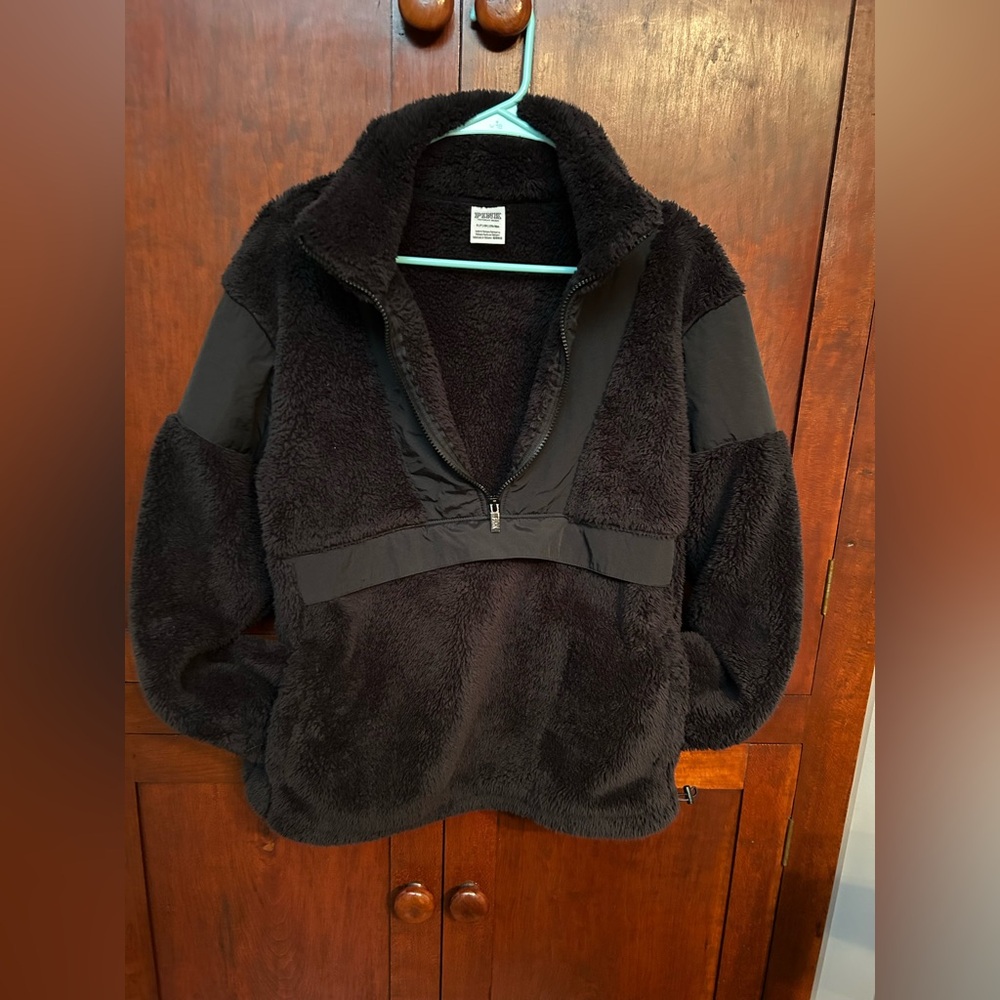 PINK Victoria's Secret Black Sherpa Teddy Quarter Zip Pullover with Pockets